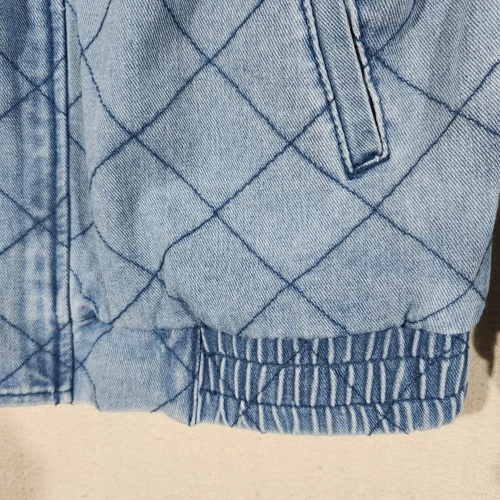 Sidefeel Womens Light Wash Quilted Diamond Denim Bomber Jacket Blue Size L Fall